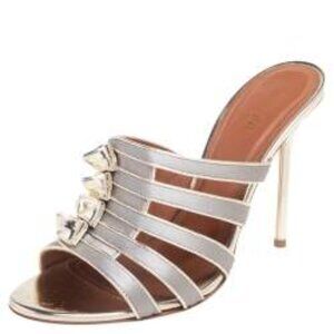 Malone Souliers Metallic/Grey Satin Donna Open Toe Mules Size 7.5